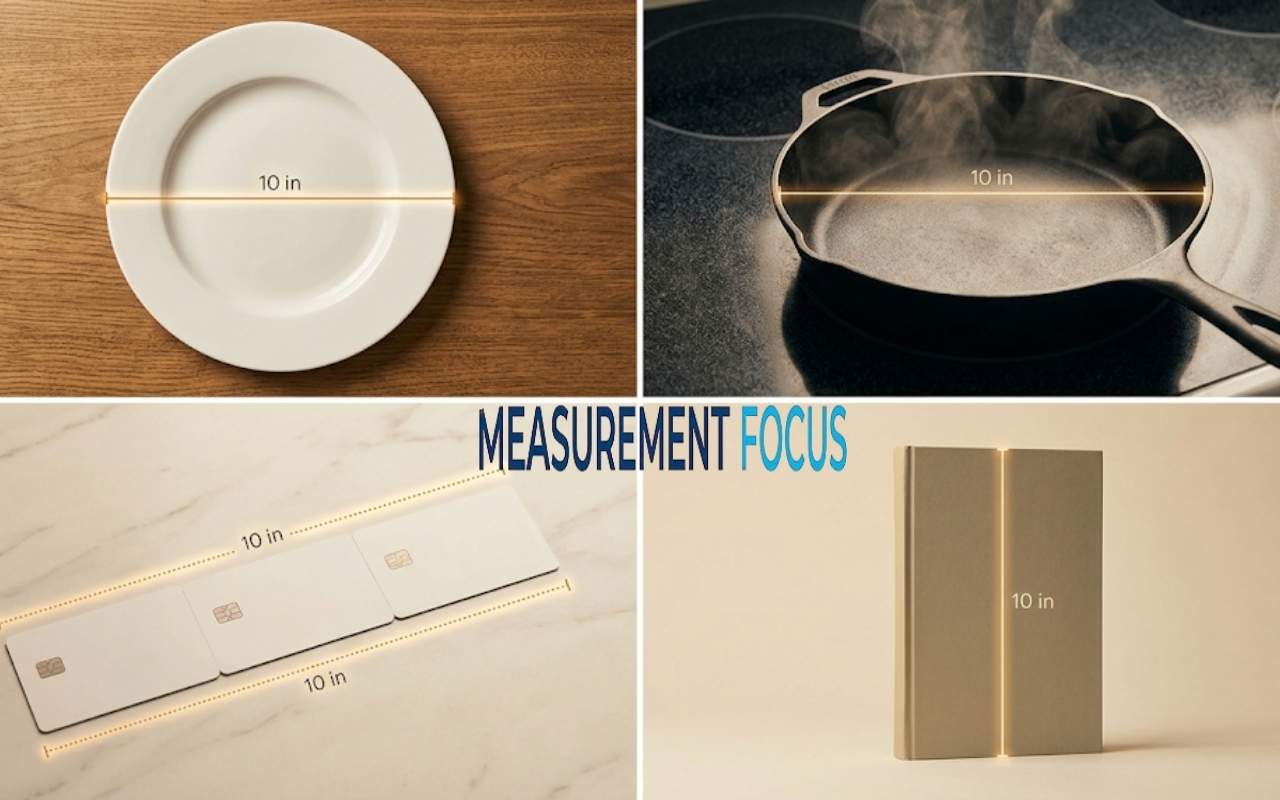 A picture showing four everyday objects (plate, skillet, cards, book) each measured at 10 inches.