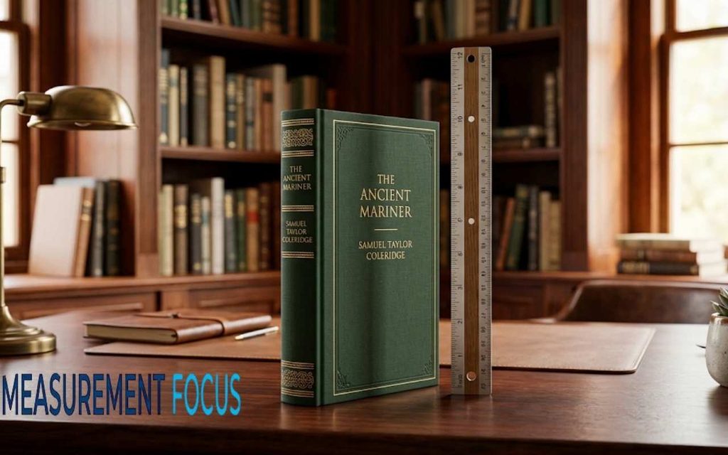 A green hardcover book stands upright next to a wooden ruler on a wooden desk in a library with warm lighting.