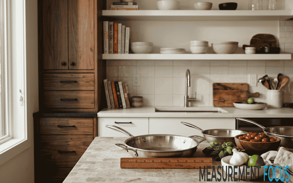 Modern kitchen with dark wood cabinets and open shelves. Butcher block island holds stainless steel pans, a ruler, and fresh produce.