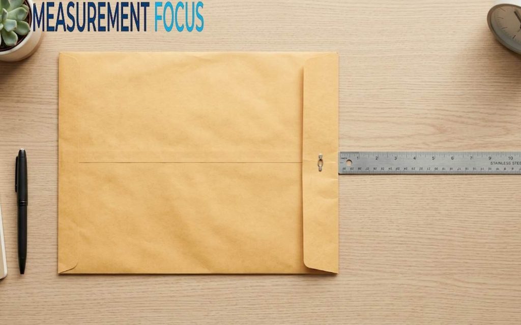 A top down view of a manila envelope on a wooden desk with a metal ruler, pen, notepad, succulent, and clock, showing measurements.