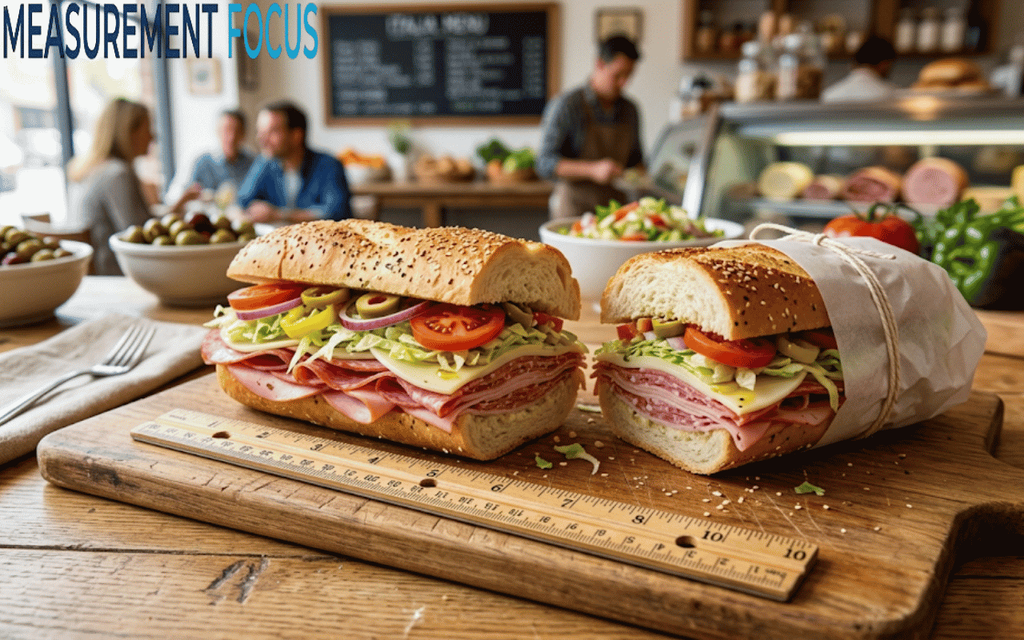 Two large, loaded Italian sub sandwiches, with visible meats, cheese, and fresh vegetables, sit on a rustic wooden cutting board with a ruler.