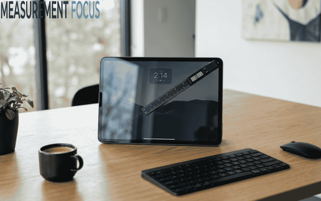 A tablet displaying 2:14 sits on a wooden desk with a black ruler over its screen. A keyboard, mouse, coffee cup, and plant surround it.