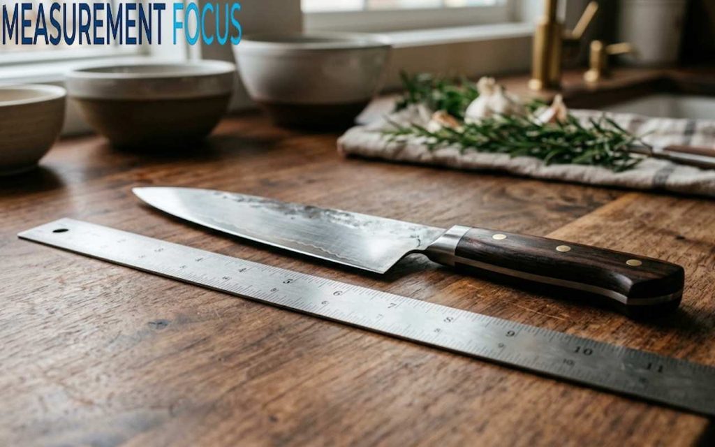 A 10 inch chef’s knife sits diagonally beside a precision ruler on a rustic wooden counter in soft, cinematic lighting.
