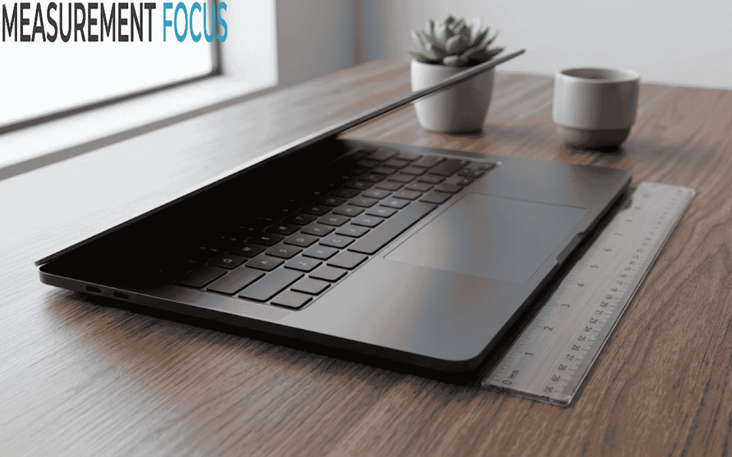 A sleek laptop rests on a wooden desk next to a clear ruler, showing scale beside a cup and plant in soft lighting.