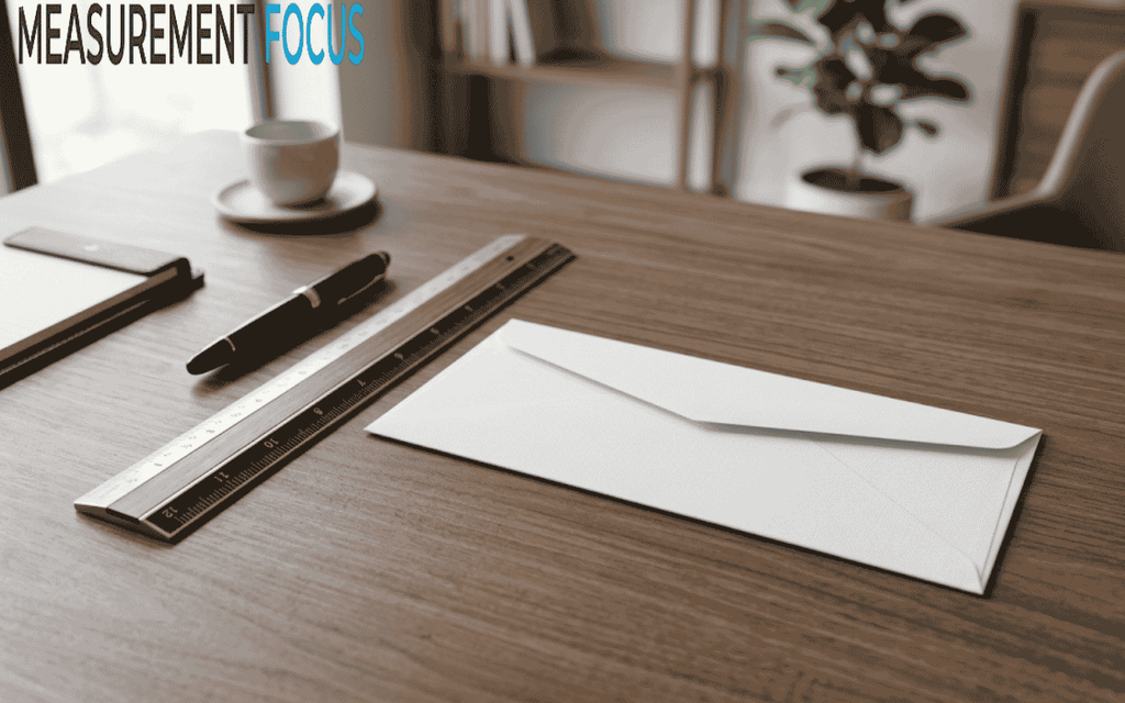 A blank white No. 10 business envelope sits beside a wooden ruler on a walnut desk in a bright, modern corporate office.
