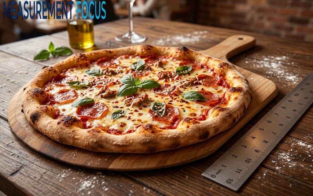 A pepperoni pizza with basil on a wooden board next to a ruler and oil on a rustic table in a blurred restaurant setting.