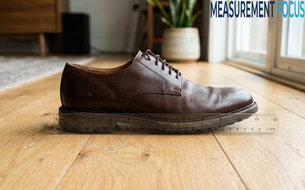 A brown leather dress shoe rests on a light wooden floor next to a clear ruler measuring its length at ten inches.