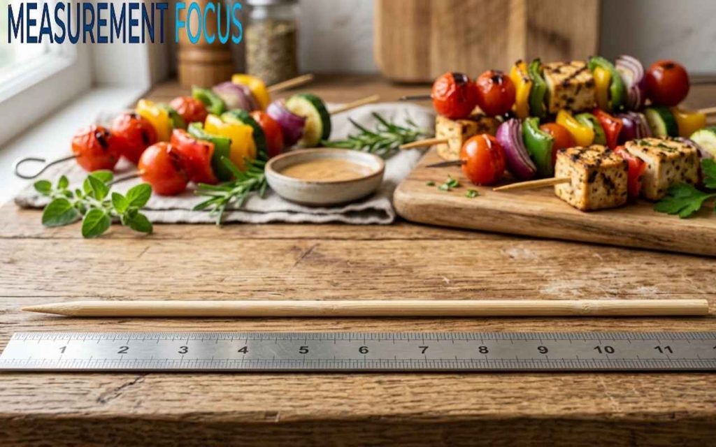 A bamboo skewer lies next to a ruler on a wooden table, with colorful tofu and vegetable kebabs and dip in the background.