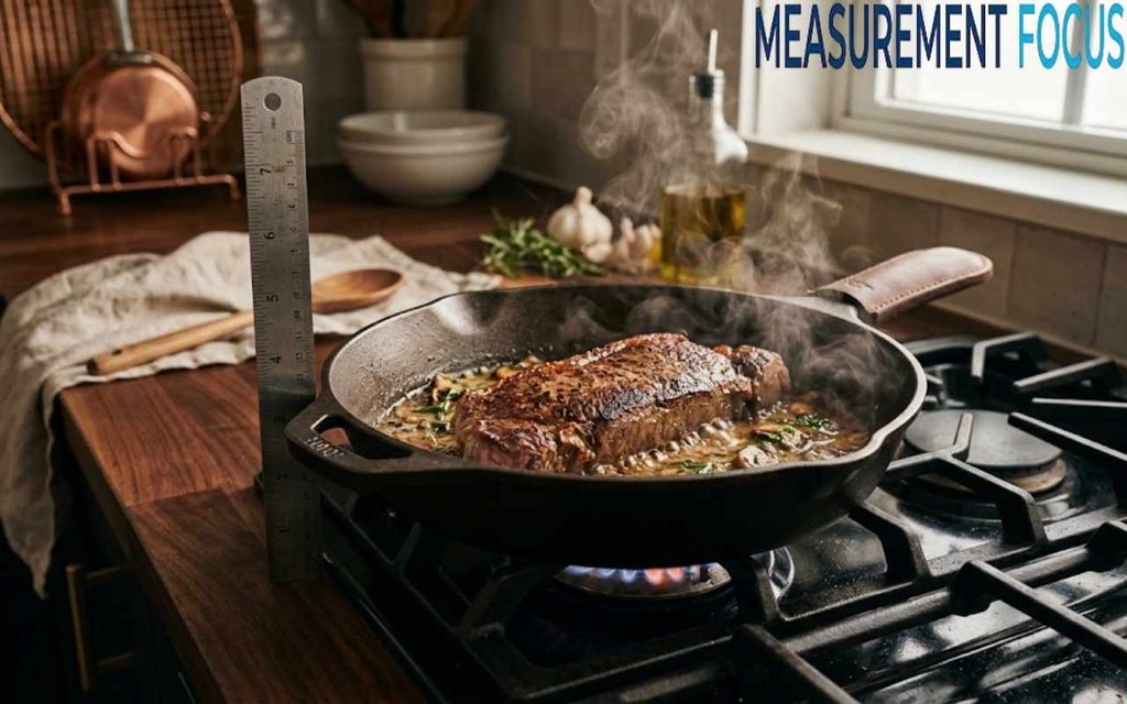A thick steak sears with steam in a cast iron skillet on a stovetop next to a ruler in a warm, cozy kitchen setting.