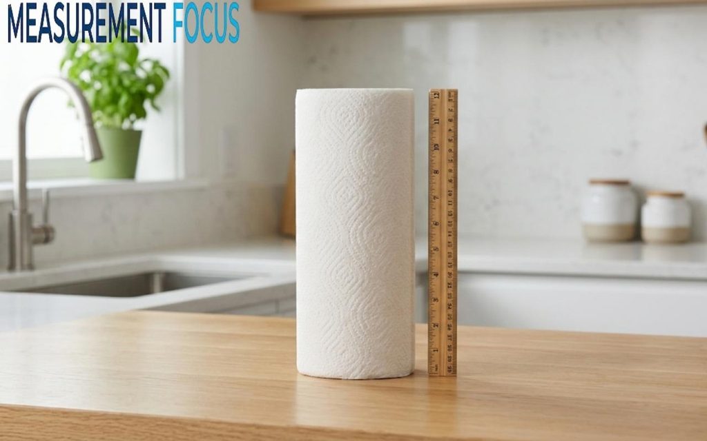 A paper towel roll stands vertically next to a wooden ruler on a wooden countertop in a bright kitchen for height comparison.