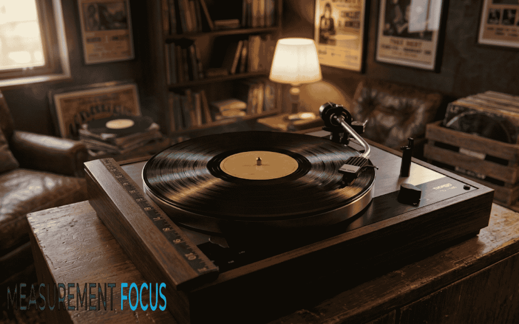A vintage turntable with a wooden base plays a vinyl record in a dimly lit, cozy living room. Leather chairs and bookshelves fill the background.